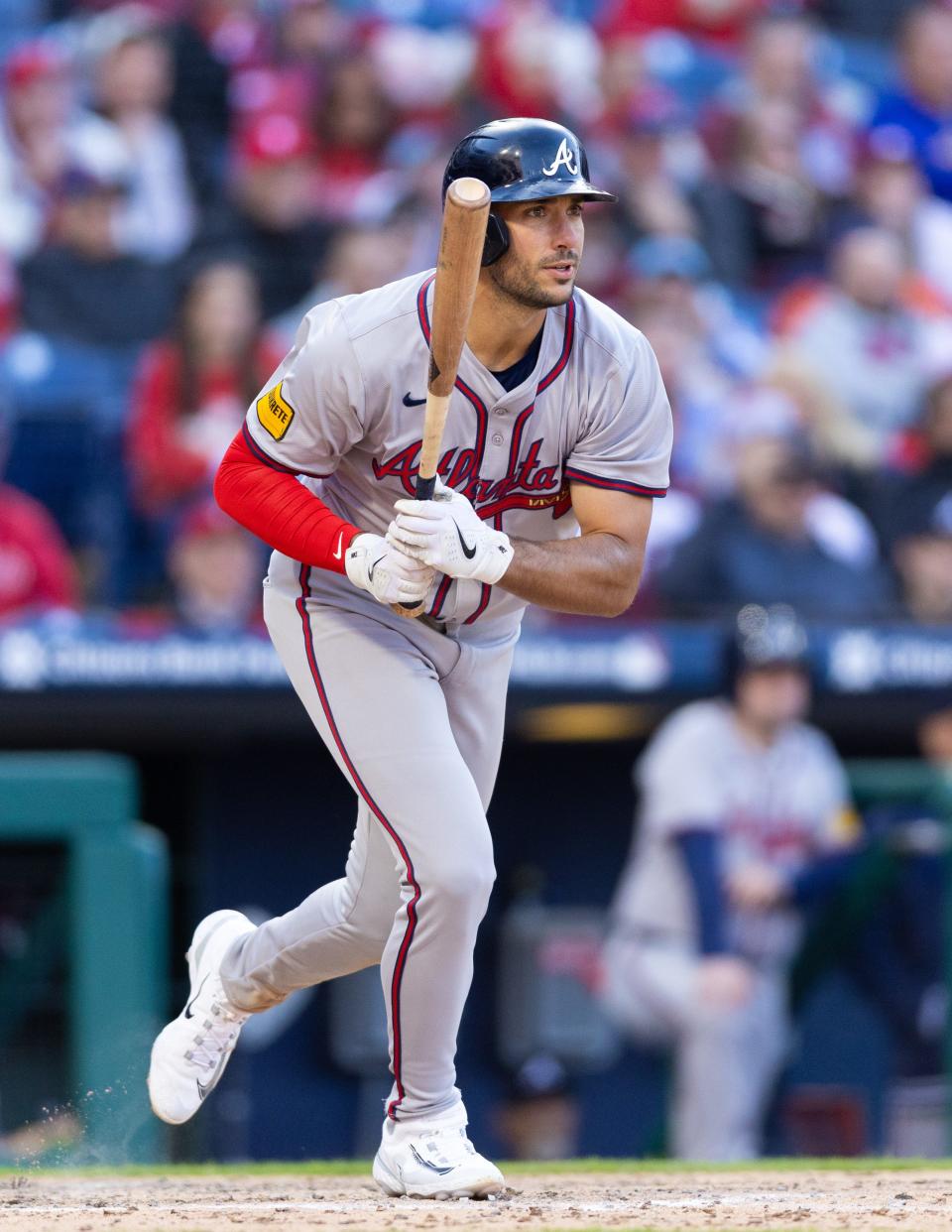 Atlanta Braves first baseman Matt Olson (28) hits a three-run double during the eighth inning against the Philadelphia Phillies at Citizens Bank Park.