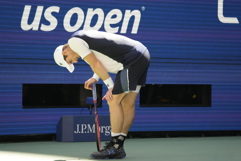 Andy Murray, of Great Britain, reacts during a match against Grigor Dimitrov, of Bulgaria, during the second round of the U.S. Open tennis championships, Thursday, Aug. 31, 2023, in New York. (AP Photo/Mary Altaffer)