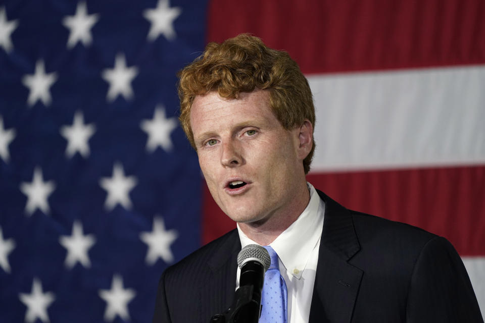 FILE - In this Sept. 1, 2020 file photo, U.S. Rep. Joe Kennedy III speaks outside his campaign headquarters in Watertown, Mass. Retiring Rep. Joe Kennedy III has used his farewell speech from Congress to deride the “great lie of our times” that the government lacks the resources and will to help people in need. The Massachusetts Democrat says the real problem is greed, not scarcity. (AP Photo/Charles Krupa, File)