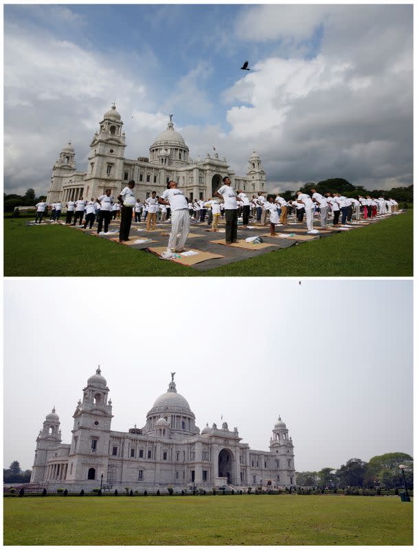 A combination picture shows the historic Victoria Memorial monument