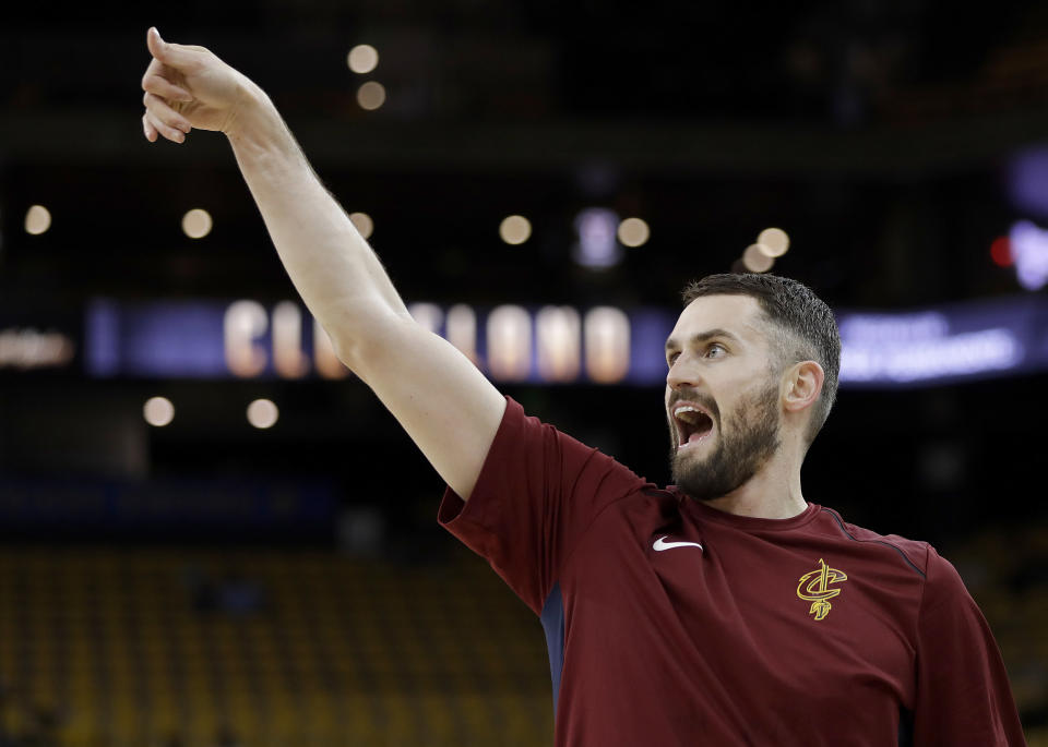 Kevin Love returned to play Game 1 of the NBA Finals after a one-game absence for a concussion. (AP)