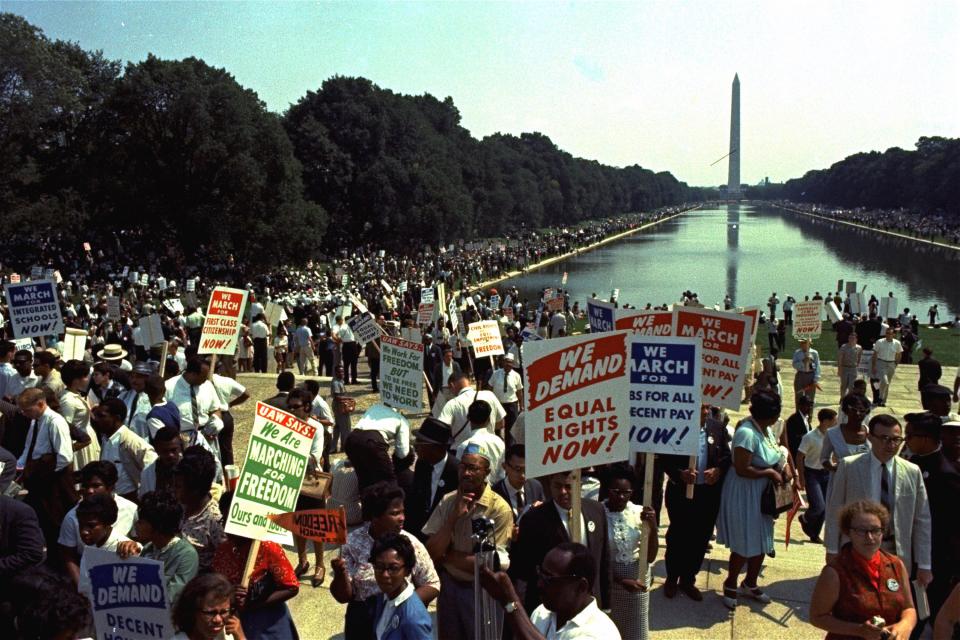 The crowds seen at the march on Washington, D.C. in which Dr. Martin Luther King gave his eloquent "I have a dream..." speech to a million - thronged mall on August 28, 1963. (AP Photo) ORG XMIT: APHS200 [Via MerlinFTP Drop]