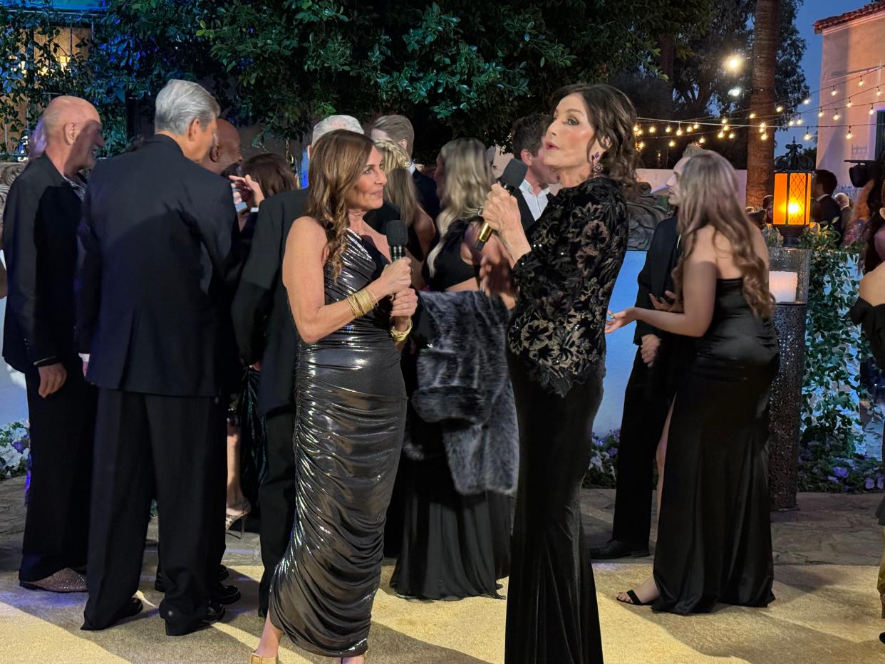 Kathy Swarts (right) interviews "Golden Bachelor" co-star and runner-up Leslie Fhima about how she's feeling about Gerry Turner and Theresa Nist's wedding on Jan. 4, 2024.