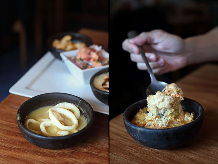 Garlicky squid (left) and La Luna’s signature 'Chupe de Centollas' made from king crab (right).