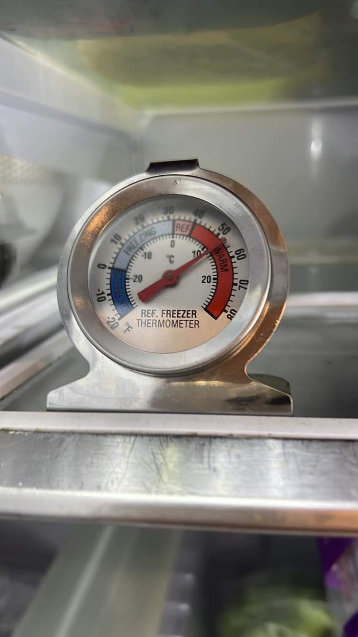 Karen Erb, a customer of Samsung who filed a complaint saying her Samsung refrigerator didn't regulate temperatures properly, placed a thermometer inside the refrigerator. She said the unit was not registering safe temperatures for food to be stored.