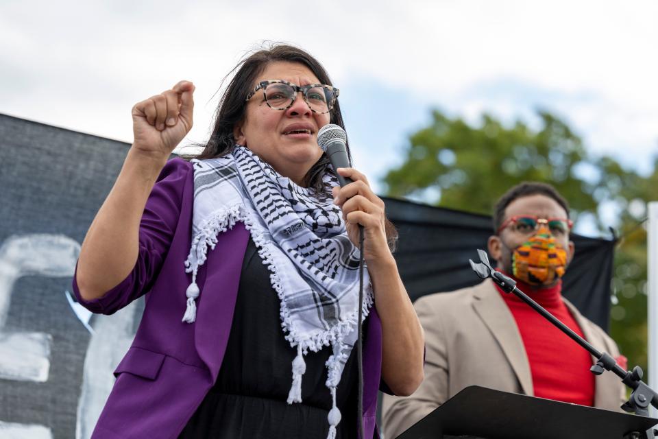 Rep. Rashida Tlaib, D-Mich., speaks during a demonstration calling for a ceasefire in Gaza, Oct. 18, 2023, near the Capitol in Washington.