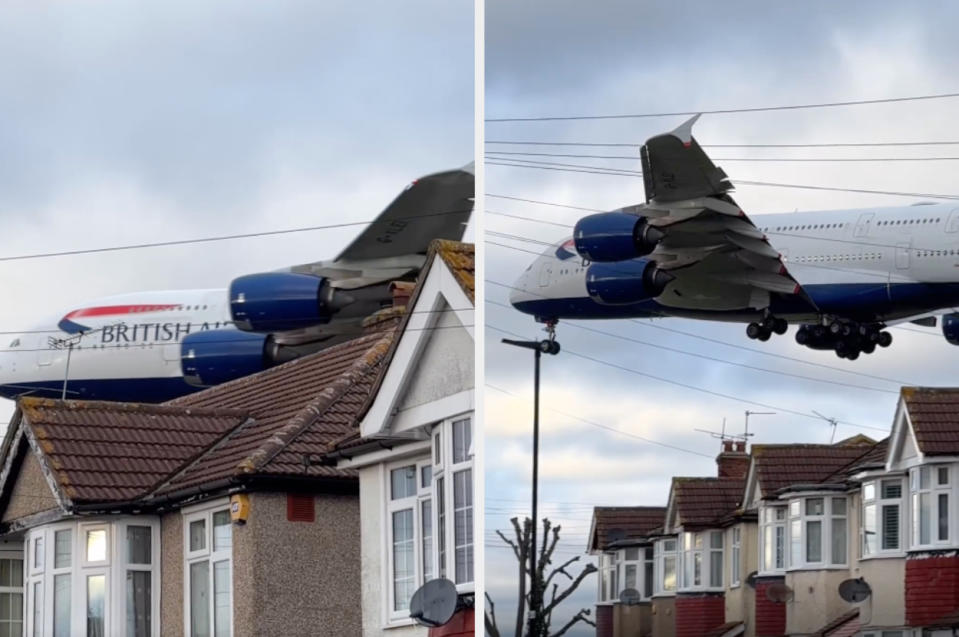 A British Airways play appears to be just above some single-story houses