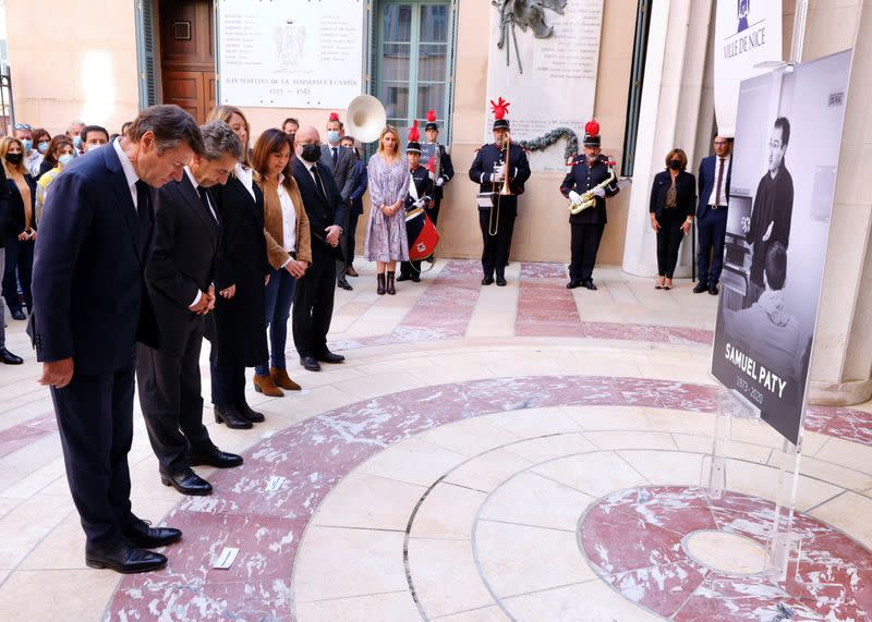 Former French President Nicolas Sarkozy and Christian Estrosi, Mayor of Nice, pay homage to history teacher Samuel Paty