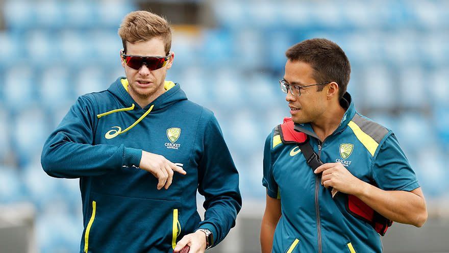 Steve Smith of Australia walks laps with Australian Team Doctor Richard Saw during the Australia Nets Session at Headingley on August 21, 2019 in Leeds, England. (Photo by Ryan Pierse/Getty Images)