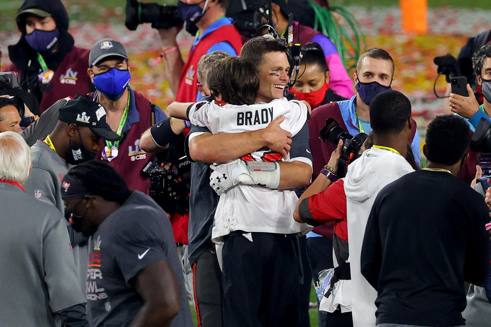 Tom Brady #12 of the Tampa Bay Buccaneers celebrates winning Super Bowl LV at Raymond James Stadium on February 07, 2021 in Tampa, Florida. (Photo by Kevin C. Cox/Getty Images)