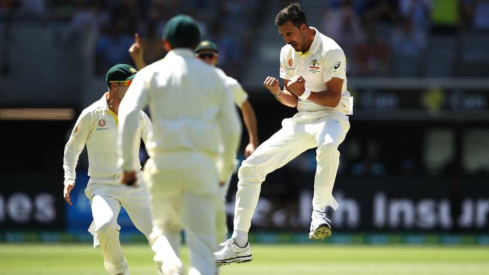 Mitchell Starc jumps for joy after the crucial wicket. Pic: Getty