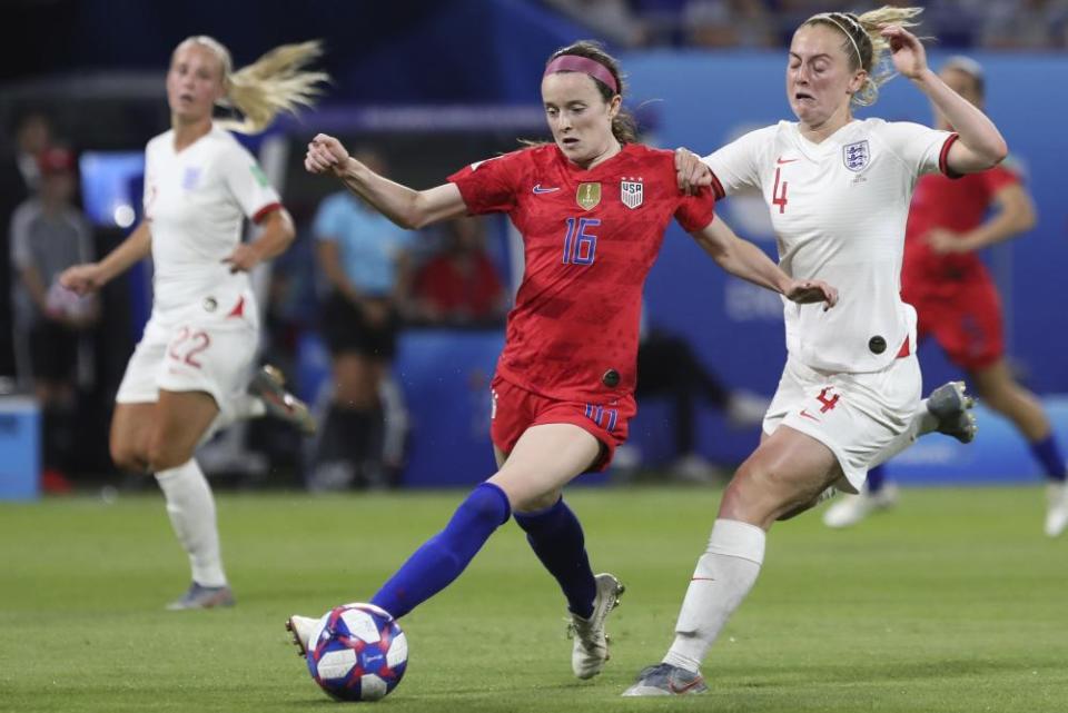 Rose Lavelle, goes past England’s Keira Walsh during the Women’s World Cup semi-final last summer.