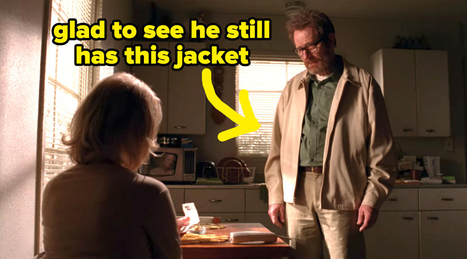 Walt says goodbye to Skyler and confirms that Hank is dead. Despite all the changes in his life, he is still wearing the same collared jacket he wore in Season 1