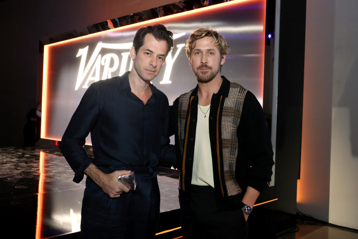 HOLLYWOOD, CALIFORNIA - DECEMBER 02: (L-R) Mark Ronson, winner of the Soundtrack of the Year award, and Ryan Gosling pose onstage during Variety's Hitmakers presented by Sony Audio on December 02, 2023 in Hollywood, California. (Photo by Rodin Eckenroth/Variety via Getty Images)