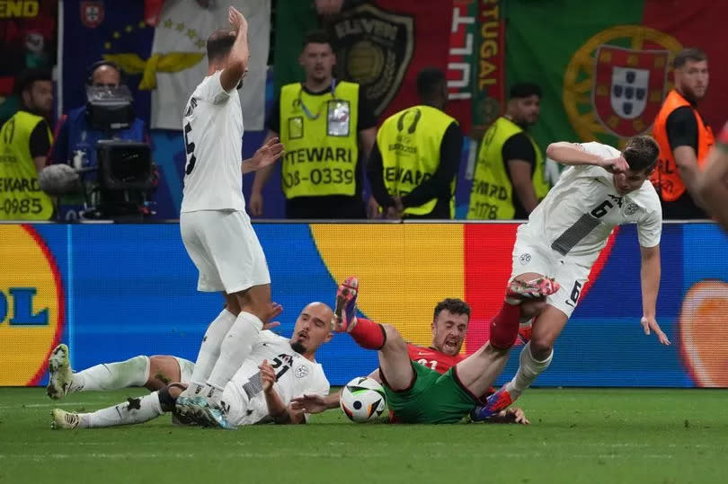 Diogo Jota of Portugal gets a penalty kick during the UEFA EURO 2024 round of 16 match between Portugal and Slovenia at Frankfurt Arena on July 01, 2024 in Frankfurt am Main, Germany.