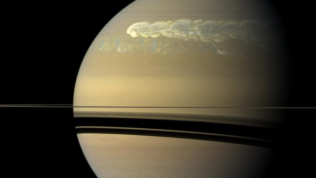  A closeup of the 2010 megastorm that formed in Saturn's northern hemisphere, wrapping around the entire planet 