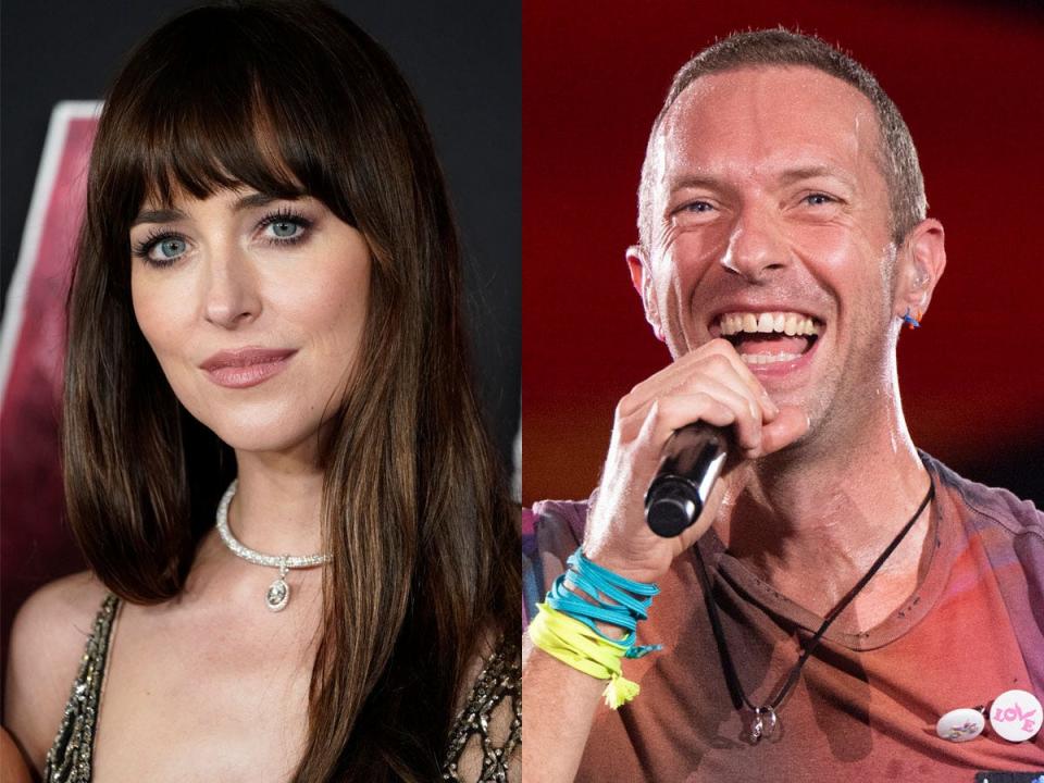 Dakota Johnson, left at the LA premiere of "Madame Web" in February 2024. Chris Martin, right, performing with Coldplay in Perth, Australia, in November 2023.