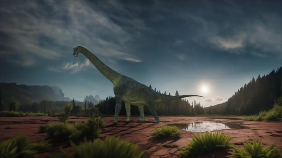 A computer generated image of a large long-necked sauropod standing in a clearing