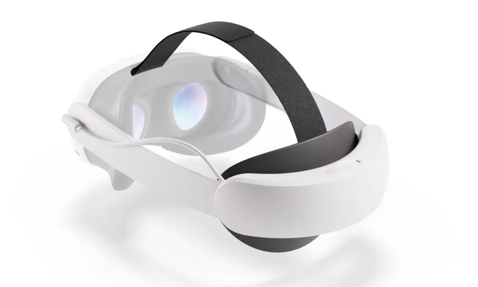 Produktmarketingbild des Meta Quest 3 Elite-Armbands mit Batteriezubehör.  Das Add-on wird mit dem VR-Headset verbunden und sorgt für ein Gegengewicht am Hinterkopf.  Es schwebt vor einem schlichten weißen Hintergrund.