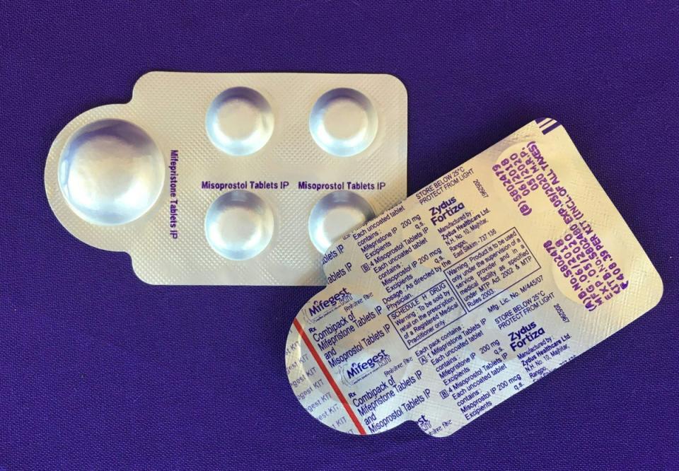 A two-drug regimen of mifepristone and misoprostol tablets is the most common form of abortion care in the US. Misoprostol also is used to treat miscarriages. (PLAN C/AFP via Getty Images)