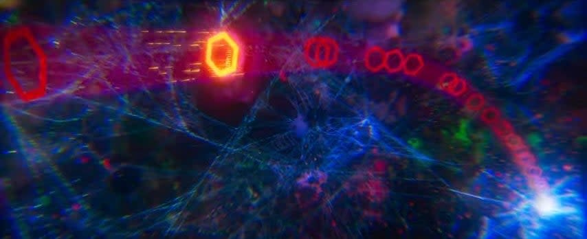 A wide shot of a series of hexagons stretching through the Web of Life and Destiny in "Spider-Man: Across the Spider-Verse (Part One)"