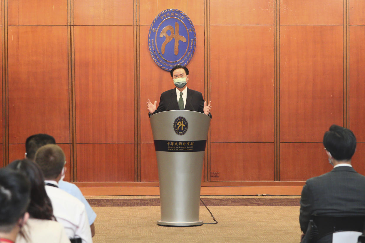 In this photo released by the Taiwan Ministry of Foreign Affairs, Taiwan's Foreign Minister Joseph Wu speaks during a press conference in Taipei, Taiwan on Tuesday, Aug. 9, 2022. Wu on Tuesday said that China aims to control the East and South China Seas via the Taiwan Strait, describing a greater ambition to upend the Asian status quo and prevent nations from aiding the self-governing island. (Taiwan Ministry of Foreign Affairs via AP)