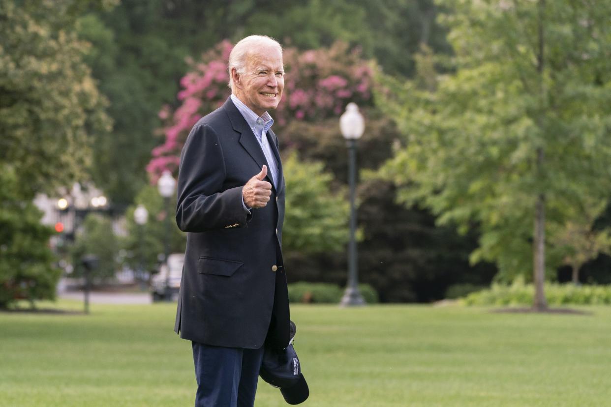 President Joe Biden walks to board Marine One on the South Lawn of the White House in Washington, after COVID isolation, Sunday, Aug. 7, 2022. (AP Photo/Manuel Balce Ceneta)