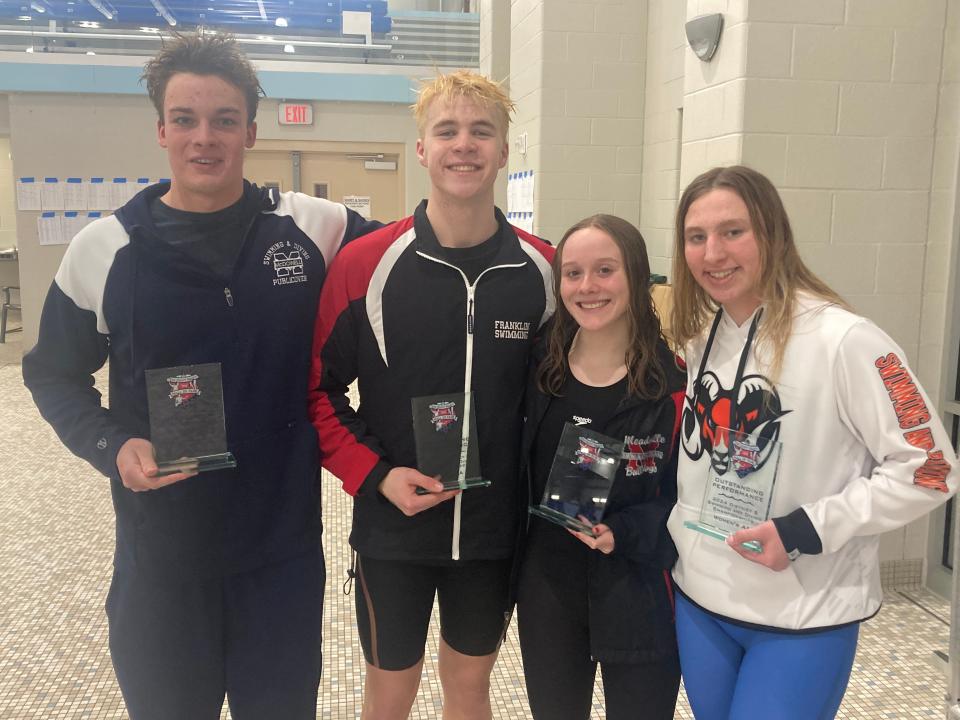 McDowell's Nick Publicover (Class 3A boys); Franklin's Camden Smith (Class 2A boys); Meadville's J.J. Gowetski (Class 3A girls) and Cathedral Prep's Maria Costa (Class 2A girls) were voted the outstanding swimmers for this weekend's District 10 meet at the S.P.I.R.E. Institute in Geneva, Ohio.