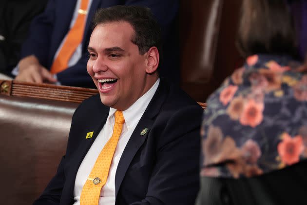 Rep. George Santos (R-N.Y.) takes a prime seat before President Joe Biden's State of the Union address in February. Shortly before the speech began, Santos was confronted by Sen. Mitt Romney (R-Utah), who said the freshman congressman should be 