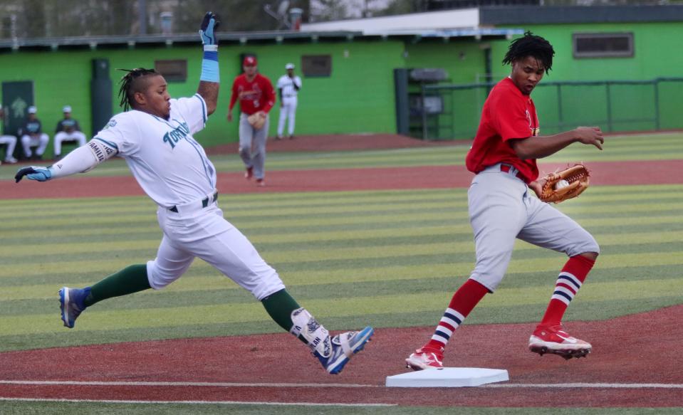 Daytona's Victor Acosta (5) hustles to first base but can't beat the throw, Tuesday, April 11, 2023 during the Tortugas' home opener at Jackie Robinson Ballpark.