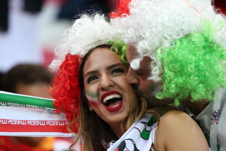 <p>Football fans supporting Iran at Kazan Arena before the kick off of a First Stage Group B football match between Iran and Spain at FIFA World Cup Russia 2018. Yegor Aleyev/TASS (Photo by Yegor Aleyev\TASS via Getty Images) </p>