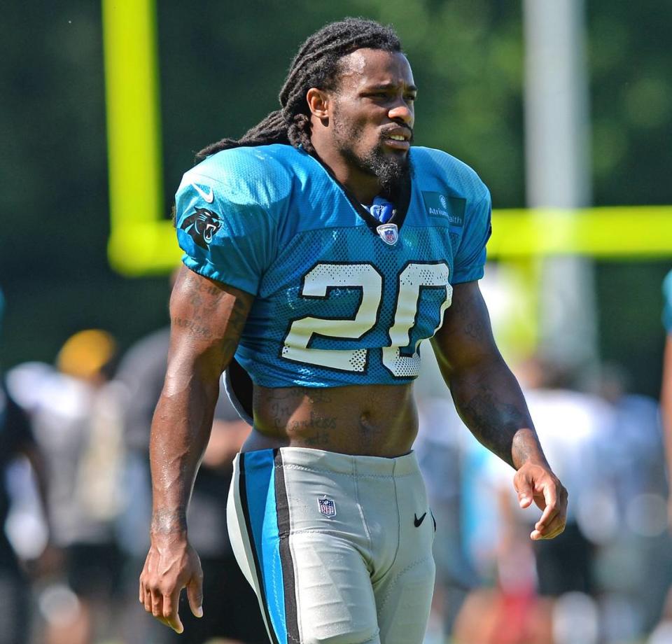 Carolina Panthers running back Jordan Scarlett during training camp practice at Wofford College in Spartanburg, SC in 2019.