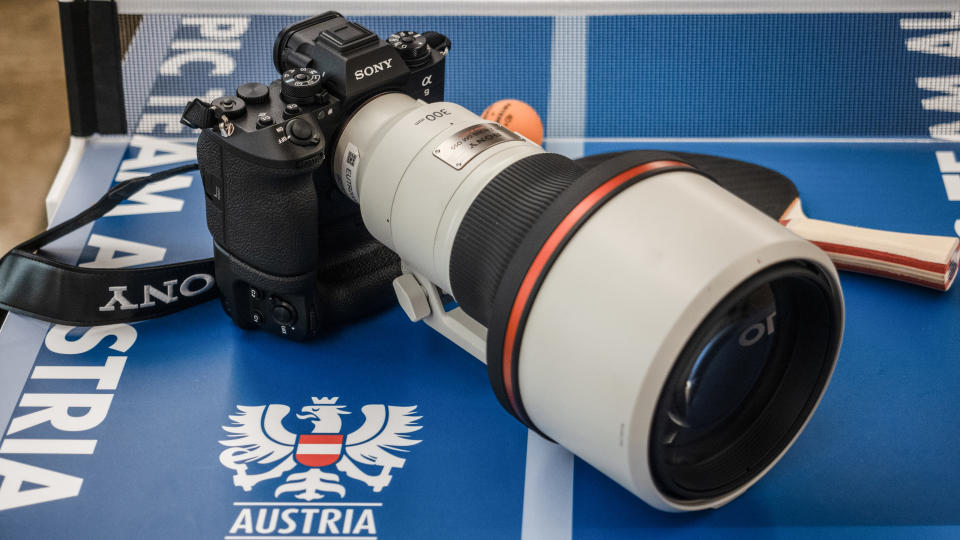 Sony FE 300mm f/2.8 GM OSS mounted to a Sony A9 III on an Olympic ping pong table