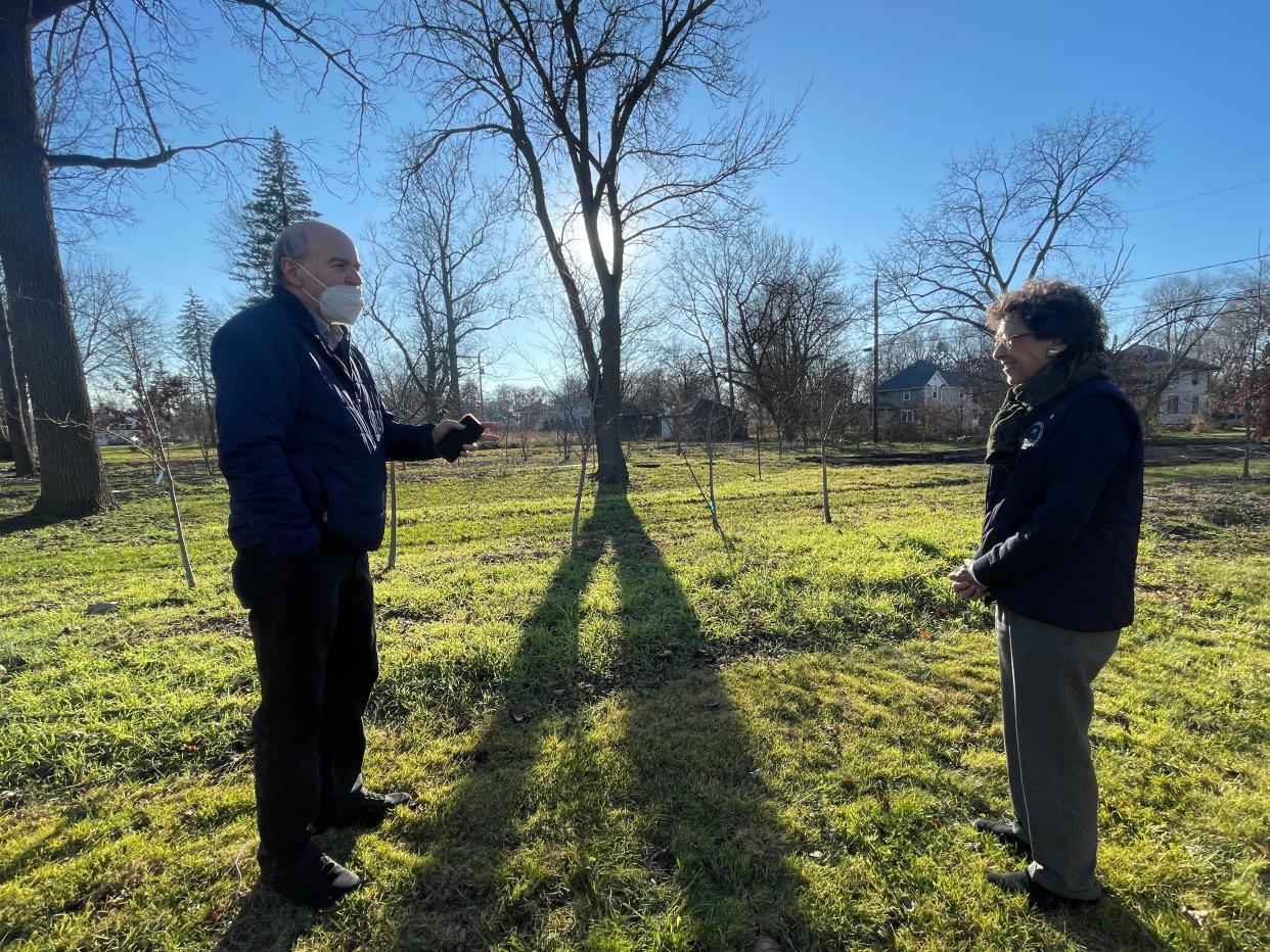 Gary Gilot, a member of the South Bend Board of Public Works, shows EPA Regional Administrator Debra Shore a tree nursery managed by the city of South Bend on the northwest side on Thursday.