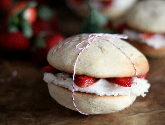 <strong>Get the <a href="http://cookiesandcups.com/strawberry-shortcake-whoopie-pies/" target="_blank">Strawberry Shortcake Whoopie Pies recipe</a> by Cookies and Cups</strong>