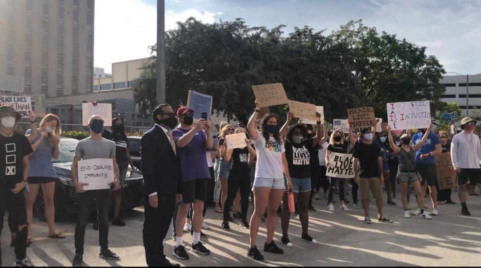 About 100 people protested in front of the office of Miami-Dade State Attorney Katherine Fernández Rundle, who has been in office for 27 yeras and has never charged a police officer in an on-duty killing.