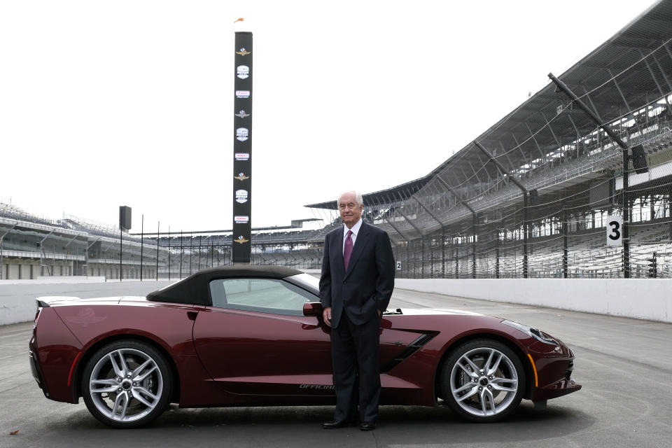 Penske Corporation Chairman Roger Penske poses for a photo on the front straight away of the Indianapolis Motor Speedway following a news conference in Indianapolis Monday, Nov. 4, 2019. Indianapolis Motor Speedway and the IndyCar Series were sold to Penske Entertainment Corp. in a stunning move Monday that relinquishes control of the iconic speedway from the Hulman family after 74 years. (AP Photo/AJ Mast)