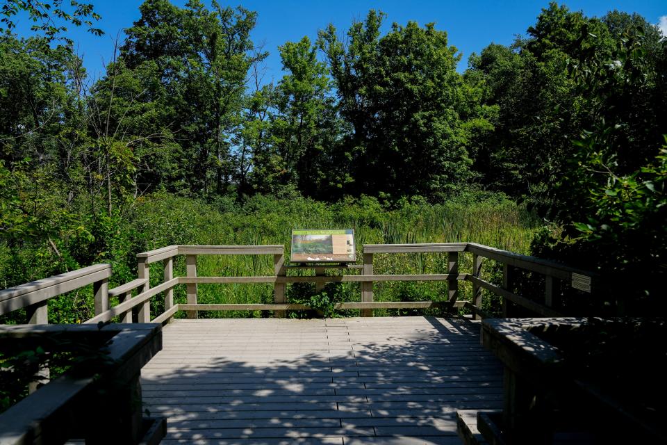 A boardwalk takes visitors to the wetlands viewing area at Big Darby Headwaters Nature Preserve.