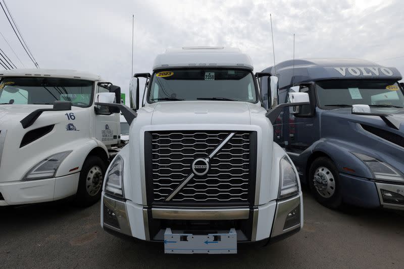 FILE PHOTO: Volvo trucks are seen for sale in Linden, New Jersey