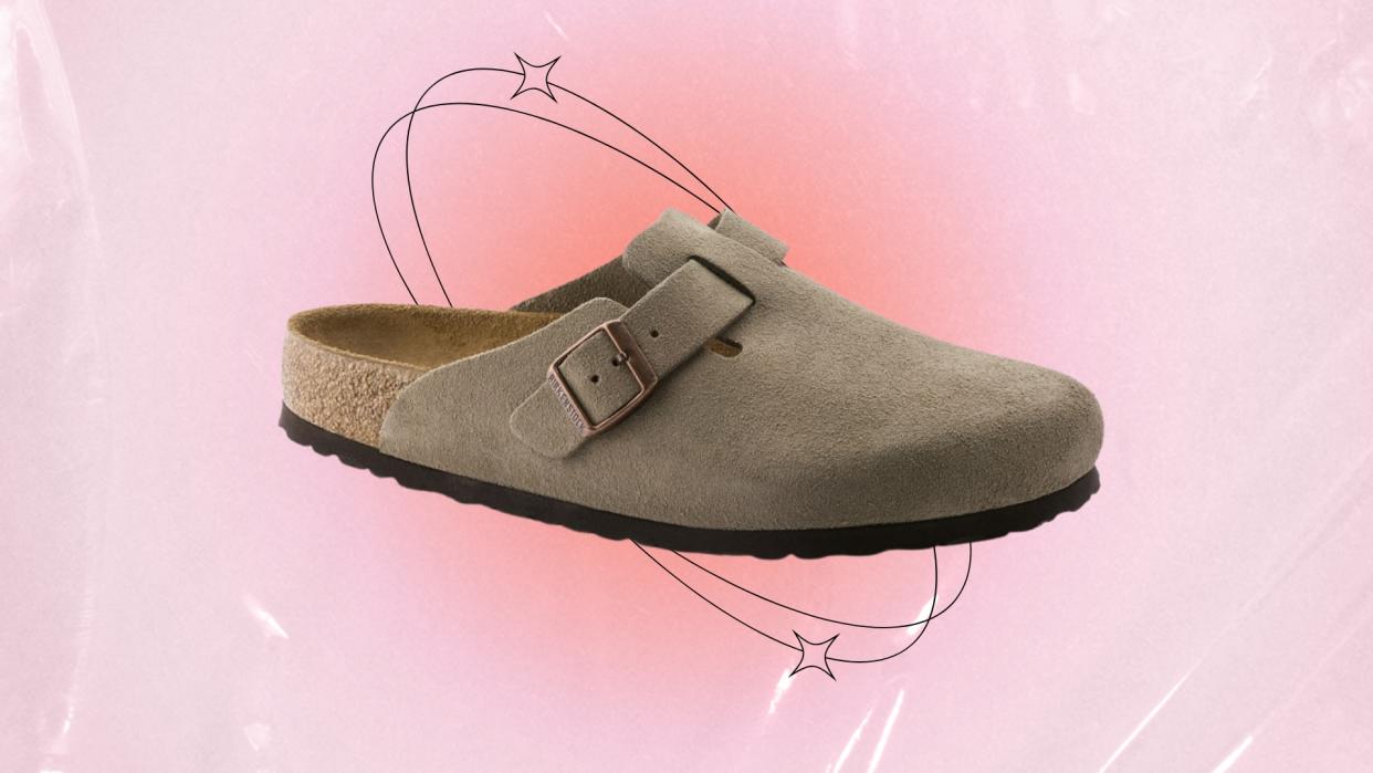  Birkenstock Boston clogs pictured in a pink gradient template, with a black line circle encompassing the shoe 