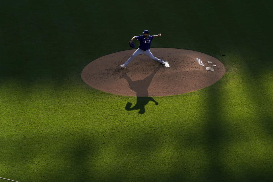 Texas Rangers starting pitcher Martin Perez works against a San Diego Padres batter during the third inning of a baseball game Saturday, July 29, 2023, in San Diego. (AP Photo/Gregory Bull)