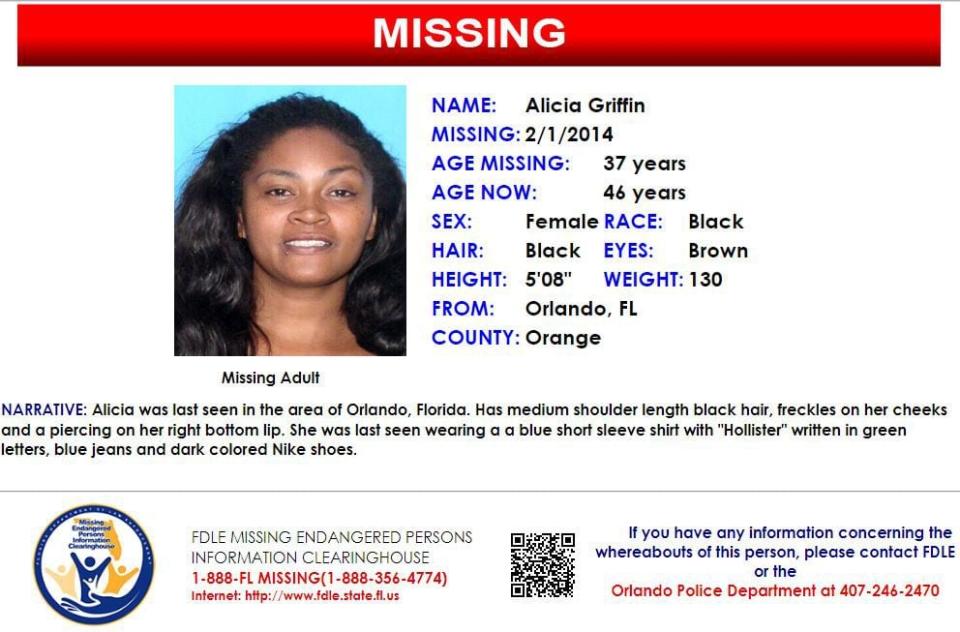 Alicia Griffin was last seen in Orlando on Feb. 1, 2014.