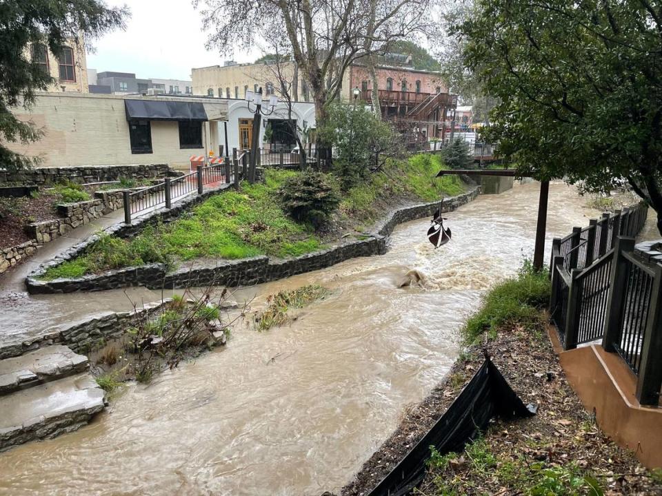 San Luis Obispo Creek in downtown San Luis Obispo is swollen with rainwater on Tuesday, March 14, 2023, as a major rain storm sweeps through the Central Coast. Kaytlyn Leslie/kleslie@thetribunenews.com