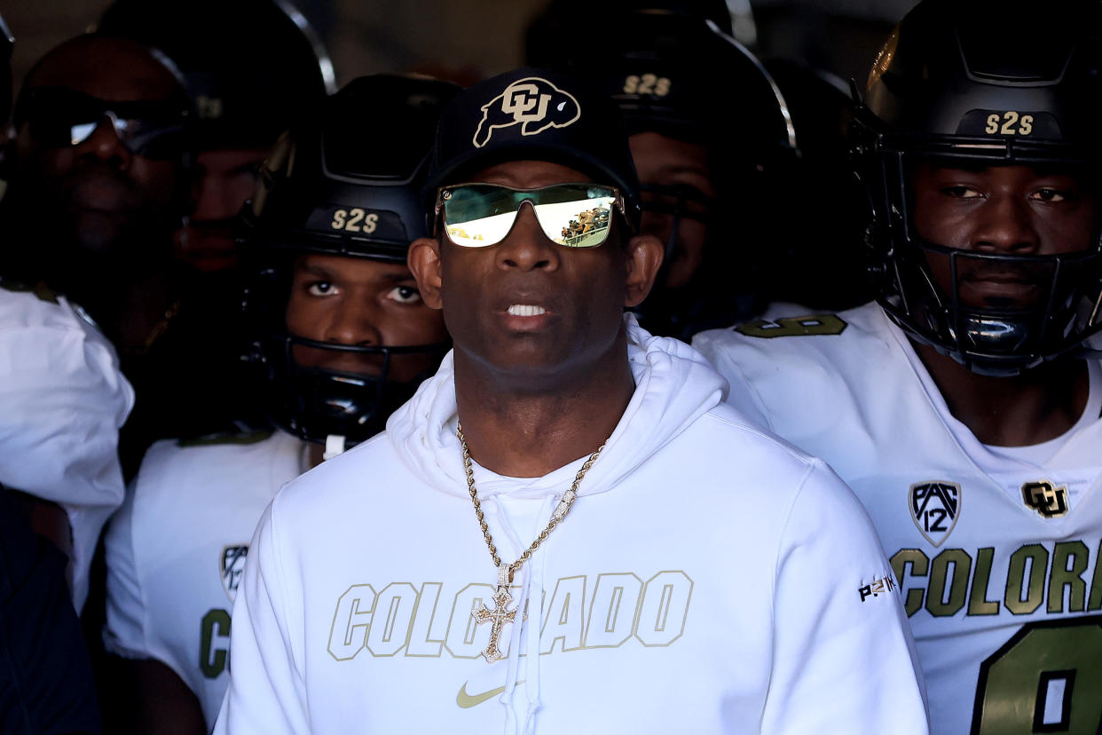 PASADENA, CALIFORNIA - OCTOBER 28: Head coach Deion Sanders of the Colorado Buffaloes looks on prior to a game against the UCLA Bruins at Rose Bowl Stadium on October 28, 2023 in Pasadena, California. (Photo by Sean M. Haffey/Getty Images)