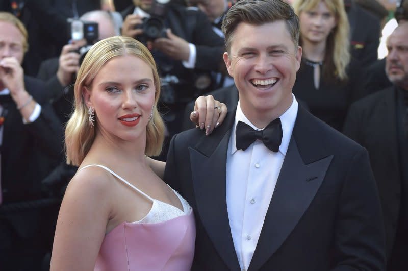 Colin Jost and Scarlett Johansson arrive at the "Asteroid City" red carpet during the 76th annual Cannes film festival at Palais des Festivals on May 23, 2023 in Cannes, France. Photo by Rocco Spaziani/UPI