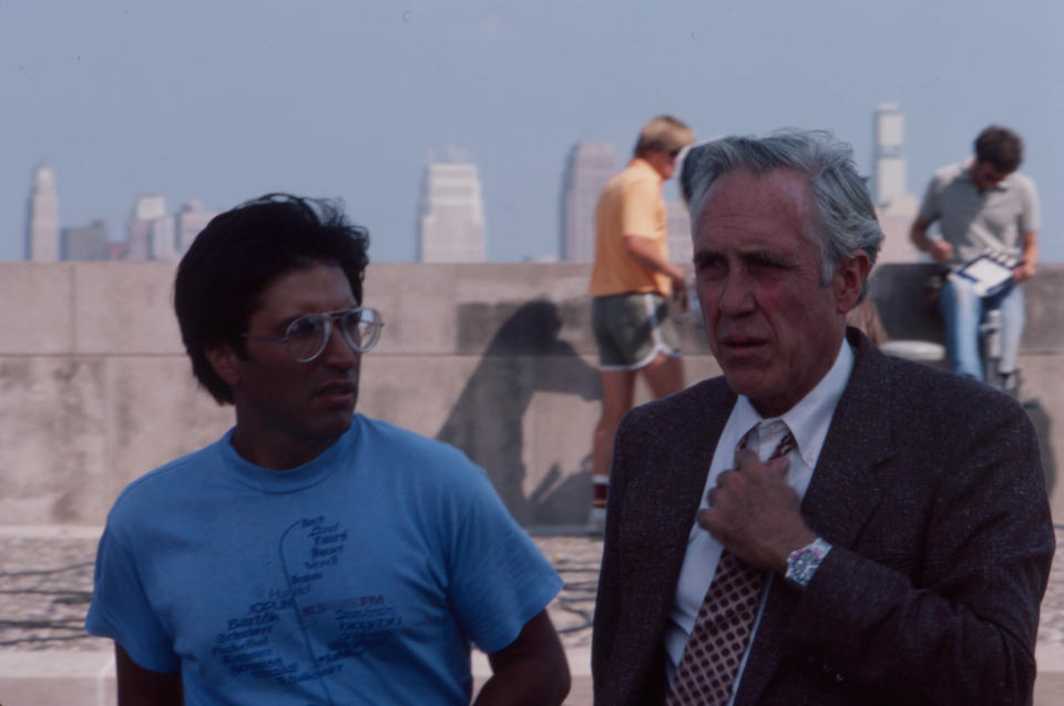 Lawrence, KS - 1983: (L-R) Director Nicholas Meyer, Jason Robards, behind the scenes, making of the ABC tv movie 'The Day After', about the effects of a nuclear war on a small mid-western town. (Photo by Dean Williams /American Broadcasting Companies via Getty Images)