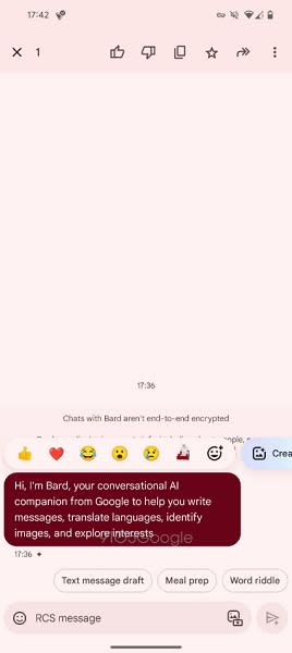 Users can long-press Bard's responses in Messages to offer feedback or share.