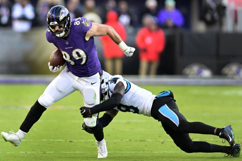 Baltimore Ravens star Mark Andrews (L) is my No. 1 fantasy football tight end for Week 1. File Photo by David Tulis/UPI