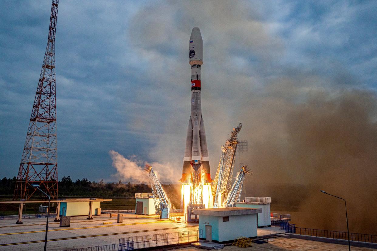 Soyuz-2.1b rocket with the moon lander Luna-25 automatic station takes off from a launch pad at the Vostochny Cosmodrome in the Russian Far East (AP)