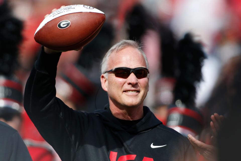 Former Georgia football coach Mark Richt is honored during halftime of a NCAA college football game between Missouri and Georgia in Athens, Ga., on Saturday, Nov. 6, 2021.